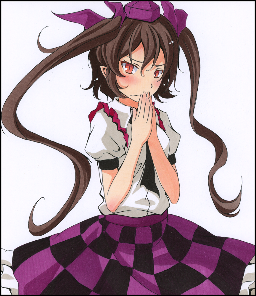 bad_id bad_pixiv_id ballpoint_pen_(medium) blush border brown_hair checkered checkered_skirt embarrassed hair_ribbon hands_together hat himekaidou_hatate marker_(medium) necktie own_hands_together pastel_(medium) pointy_ears puffy_sleeves red_eyes ribbon s-syogo shikishi short_hair short_sleeves skirt slit_pupils solo tokin_hat touhou traditional_media twintails white_background