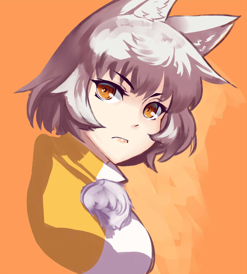 animal_ears bad_id bad_pixiv_id brown_eyes face frown inubashiri_momiji no_hat no_headwear pom_pom_(clothes) short_hair silver_hair simple_background solo taketora_suzume touhou upper_body wolf_ears