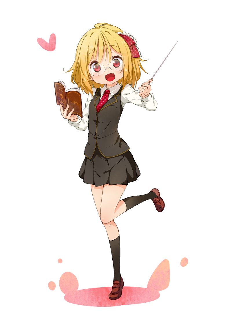 :d bespectacled black_legwear blonde_hair blush book commentary_request fang glasses hair_ribbon heart holding jigatei_(omijin) kneehighs leg_up loafers looking_at_viewer necktie open_book open_mouth red_eyes red_neckwear ribbon rumia shoes short_hair skirt sleeveless_blazer smile socks solo touhou