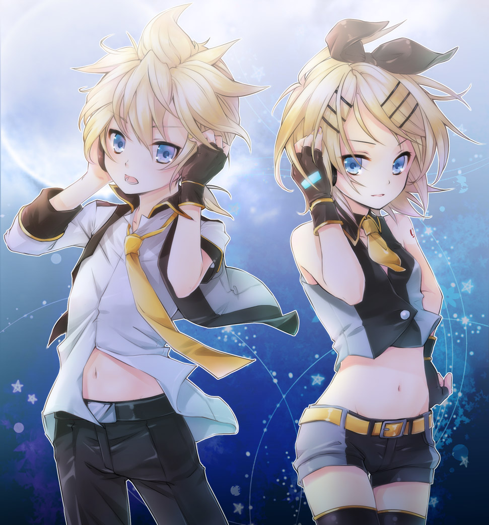 1girl black_star_(module) blonde_hair blue_eyes blue_moon_(module) brother_and_sister gloves hair_ornament hair_ribbon hairclip kagamine_len kagamine_rin looking_at_viewer midriff natsumi_yuu navel necktie open_mouth project_diva_(series) project_diva_extend ribbon short_hair shorts siblings thighhighs twins vocaloid yellow_neckwear