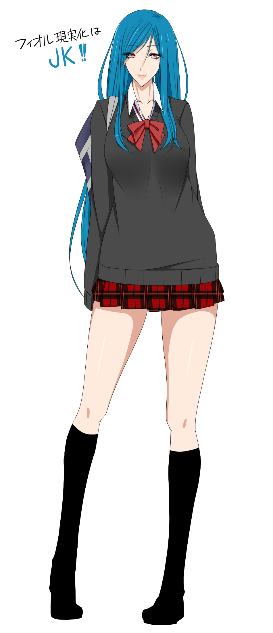 1girl bag baru_(val-val) blue_hair boots breasts female highres kneehighs large_breasts legs lips long_hair miniskirt red_eyes school_bag short_skirt simple_background skirt slit_pupils solo standing sweater translation_request val-val white_background