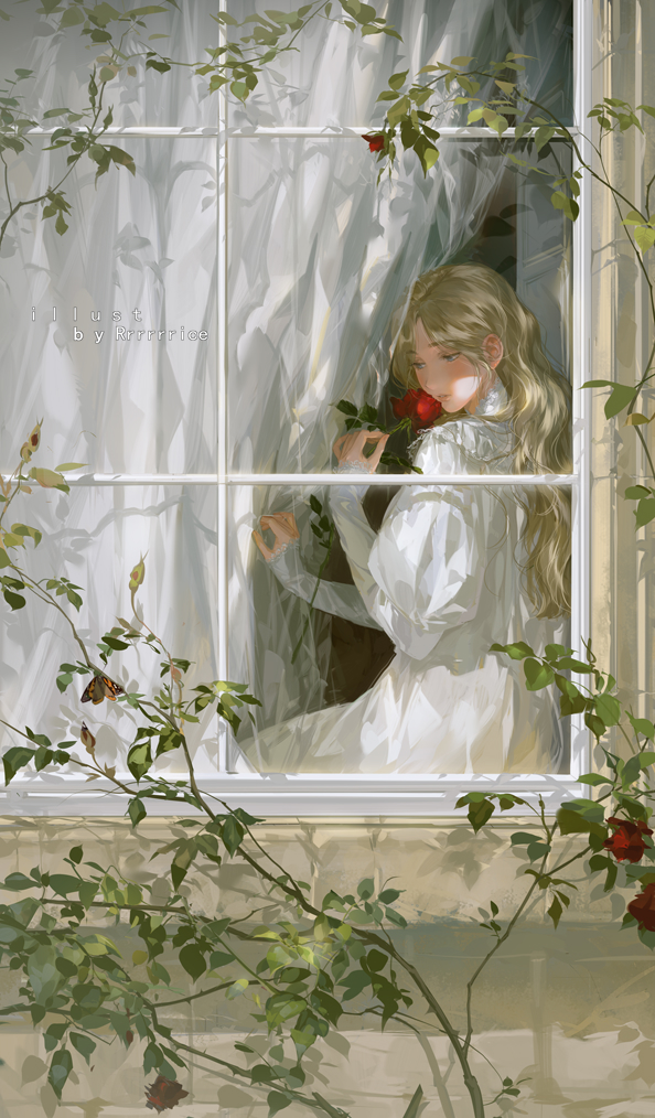 1girl artist_name blonde_hair blue_eyes bug butterfly curtains dress english_commentary english_text flower high_collar holding holding_flower juliet_sleeves long_hair long_sleeves looking_to_the_side muntins original parted_bangs puffy_sleeves red_flower red_rose rose rrr_(reason) sidelocks sitting_on_wall sleeves_past_wrists solo white_dress windowsill