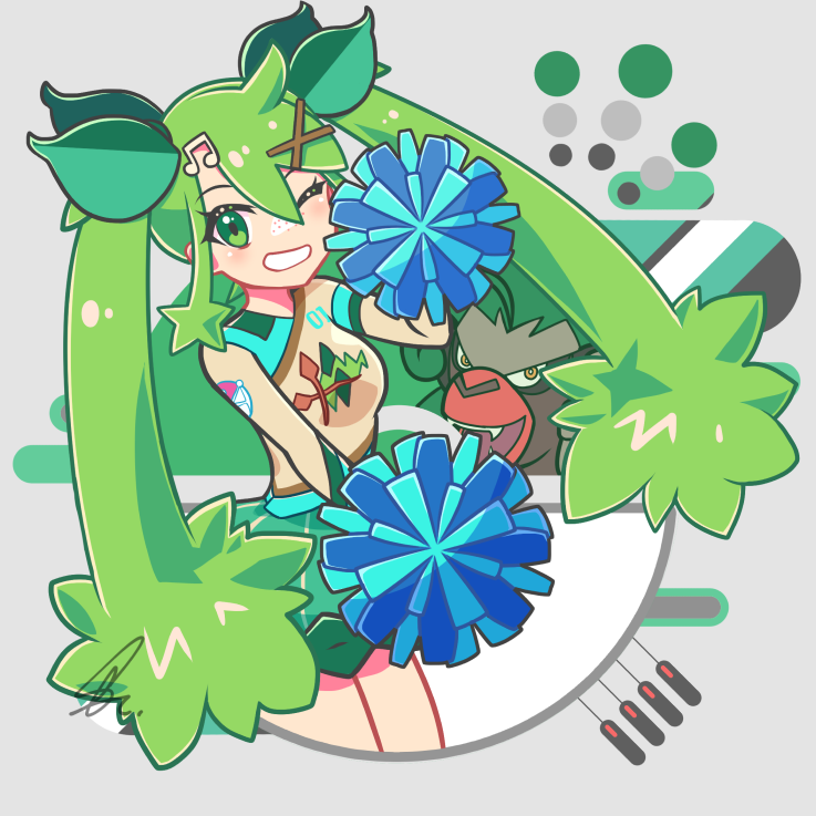 1girl bow breasts bright_pupils brown_fur cheerleader dress eyelashes fangs gorilla grass_miku_(project_voltage) green_bow green_eyes green_hair grey_background hair_bow hair_ornament hatsune_miku long_hair multicolored_clothes multicolored_dress multiple_hair_bows multiple_hairpins musical_note musical_note_hair_ornament one_eye_closed open_mouth orange_eyes pokemon pokemon_(creature) pom_pom_(cheerleading) print_dress project_voltage rillaboom saihate_(d3) signature smile teeth twintails very_long_hair vocaloid x_hair_ornament