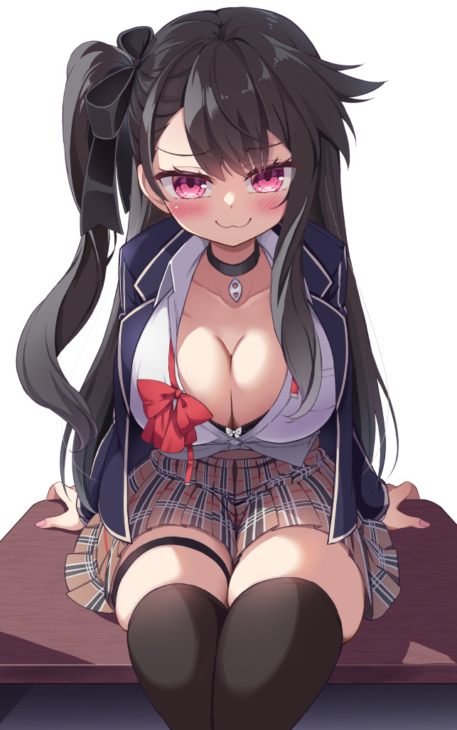 1girl :3 alternate_costume azur_lane black_bra black_thighhighs bow bow_bra bowtie bra bra_peek breasts brown_hair cleavage collared_shirt desk facing_viewer jacket large_breasts long_hair looking_at_viewer mikage_(shibi) on_desk one_side_up open_clothes open_jacket pamiat_merkuria_(azur_lane) partially_unbuttoned plaid plaid_skirt pleated_skirt red_bow red_bowtie school_uniform shirt sitting sitting_on_desk skirt smug thigh_strap thighhighs underwear white_background