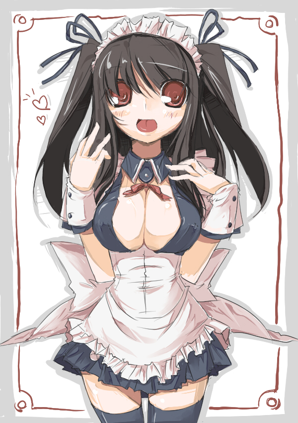 bad_id bad_pixiv_id black_hair borrowed_character breasts endou_chihiro heart large_breasts long_hair looking_at_viewer maid open_mouth original red_eyes skirt solo takagi_yui_(mikami_byakuya) thighhighs