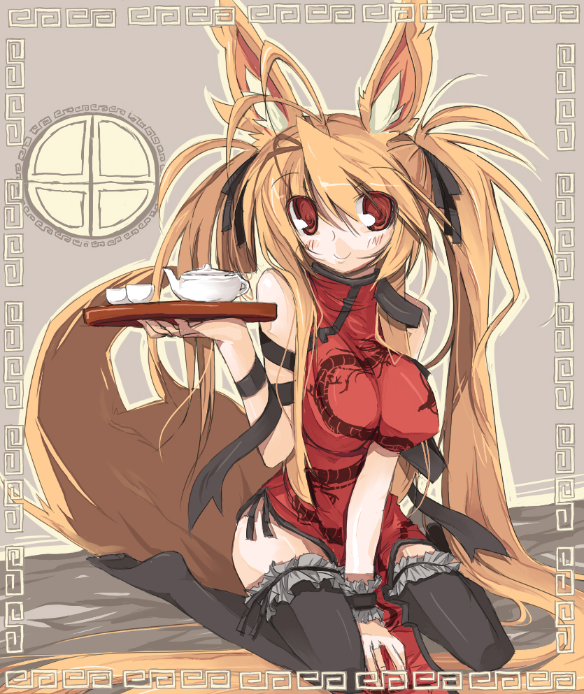 animal_ears bad_id bad_pixiv_id breasts brown_hair china_dress chinese_clothes dress endou_chihiro impossible_clothes large_breasts long_hair looking_at_viewer no_panties original red_eyes smile solo tail thighhighs very_long_hair