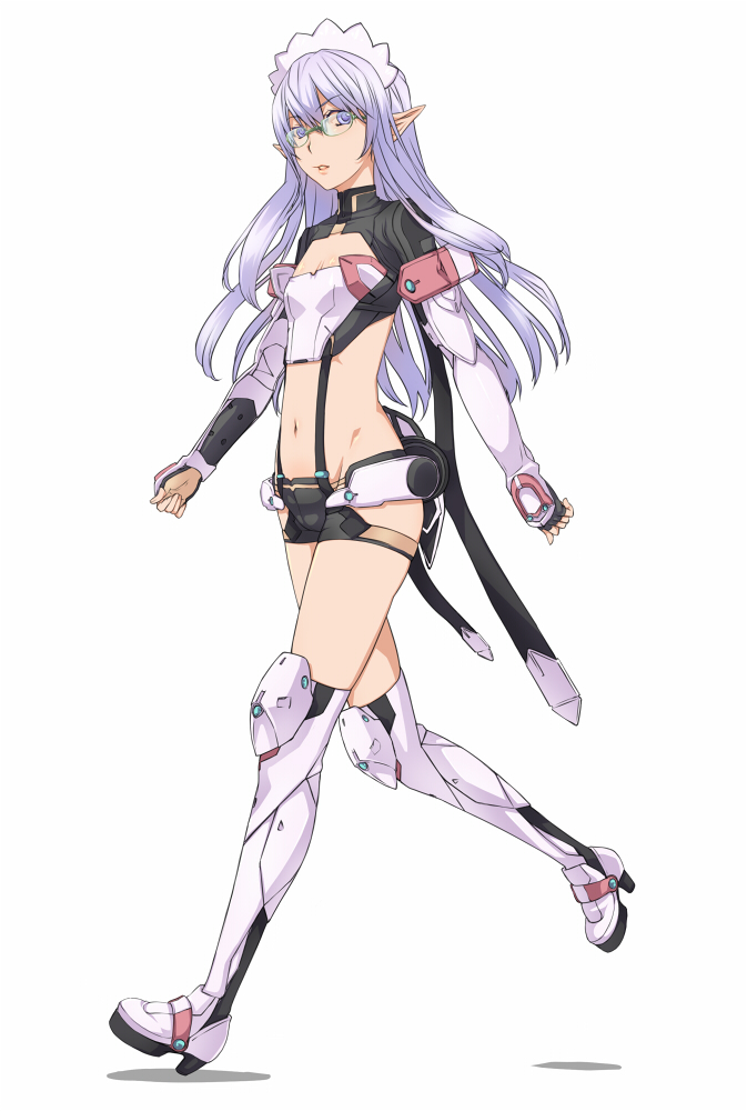 boots breasts cleavage cleavage_cutout fingerless_gloves flat_chest glasses gloves groin headdress kawagoe_pochi lavender_eyes lavender_hair lowleg maid_headdress midriff navel neighbor_quartz over-kneehighs parted_lips phantasy_star phantasy_star_online_2 pointy_ears running short_shorts shorts simple_background solo thigh_boots thighhighs walking white_background white_legwear