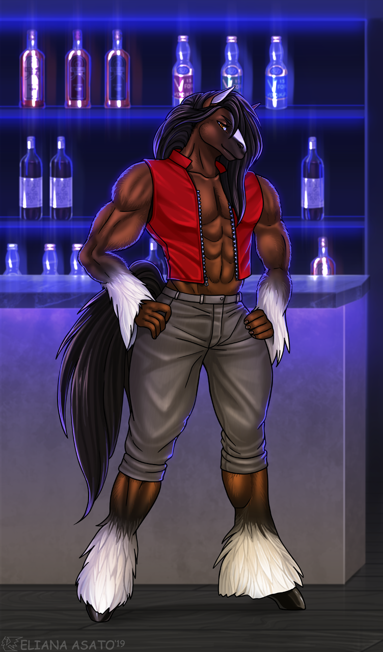 abs alcohol anthro arm_fluff arm_on_hip arm_tuft bar beverage biceps bottle bottomwear brown_body brown_eyes brown_fur brown_hair clothed clothing container dark_hair detailed_background digital_media_(artwork) eliana-asato equid equine fur hair hi_res hooves horse horse_tail leg_fluff leg_tuft long_hair looking_at_viewer male mammal mane muscular muscular_anthro muscular_male neon_lights nightclub red_clothing solo standing tail topwear tuft white_body white_fur