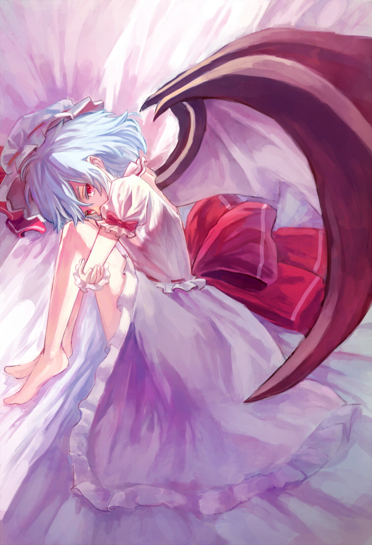bat_wings blue_hair dress hat kotaro-nosuke lying red_eyes remilia_scarlet ribbon solo touhou wings