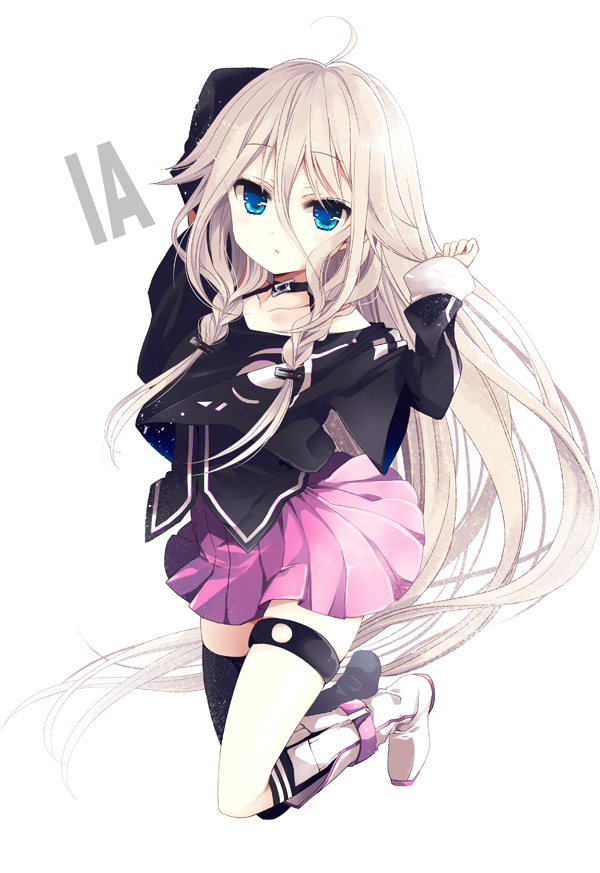 ahoge bare_shoulders blonde_hair blue_eyes braid character_name ia_(vocaloid) long_hair looking_at_viewer naan off_shoulder simple_background single_thighhigh solo thigh_strap thighhighs twin_braids very_long_hair vocaloid