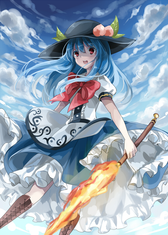 blue_hair blue_sky boots bow cloud cross-laced_footwear food fruit hat hinanawi_tenshi long_hair looking_back open_mouth peach puffy_sleeves red_eyes shirt short_sleeves skirt sky smile solo sumi_mi sword_of_hisou touhou