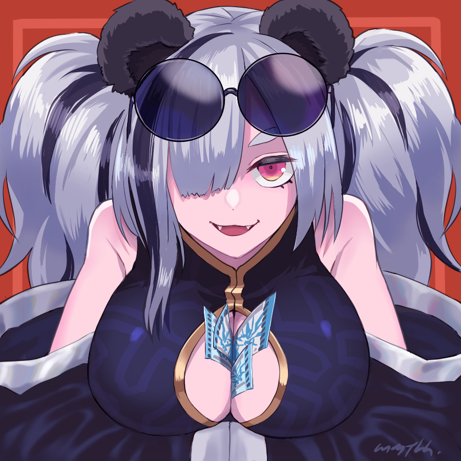 1girl animal_ears arknights artist_name bare_shoulders breasts cleavage cleavage_cutout clothing_cutout eyewear_on_head fang feater_(arknights) hair_over_one_eye looking_at_viewer memetaroh multicolored_hair panda_ears panda_girl red_eyes smile solo striped_hair two-tone_hair two_side_up upper_body