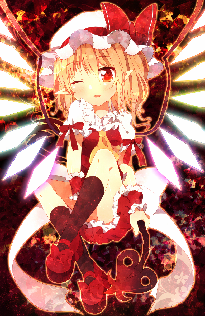 abandon_ranka ascot bad_id bad_pixiv_id blonde_hair fang flandre_scarlet hat highres laevatein long_hair mary_janes one_eye_closed pointy_ears red_eyes shoes side_ponytail skirt skirt_set smile solo star star-shaped_pupils symbol-shaped_pupils touhou wings wrist_cuffs