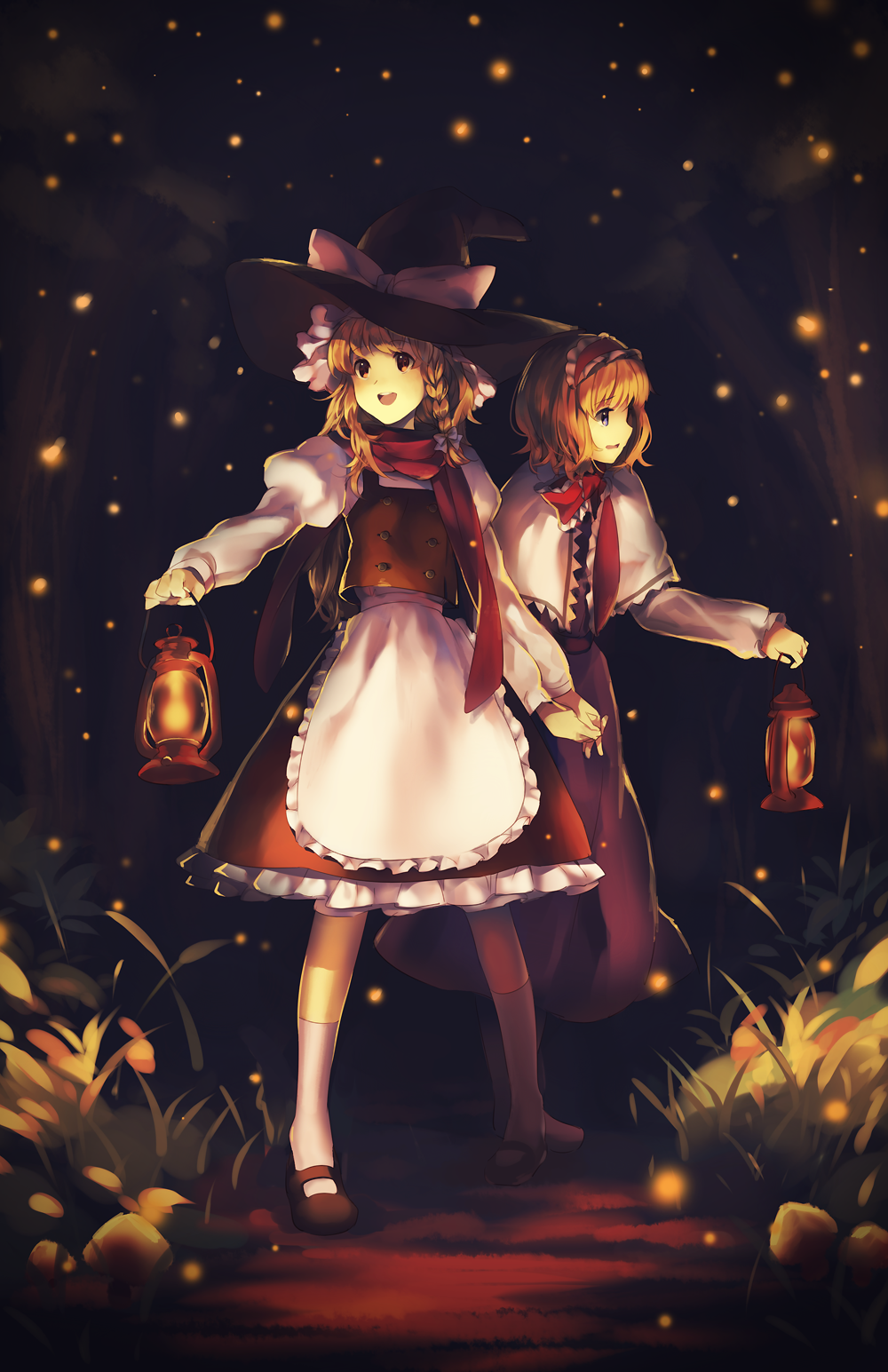 :d alice_margatroid blonde_hair blue_eyes bow braid capelet fireflies grass hairband hat hat_bow highres holding holding_hands juliet_sleeves kirisame_marisa lantern lolita_hairband long_hair long_sleeves mary_janes multiple_girls night open_mouth puffy_sleeves shoes side_braid single_braid smile socks standing touhou tree weee_(raemz) white_legwear witch_hat yellow_eyes