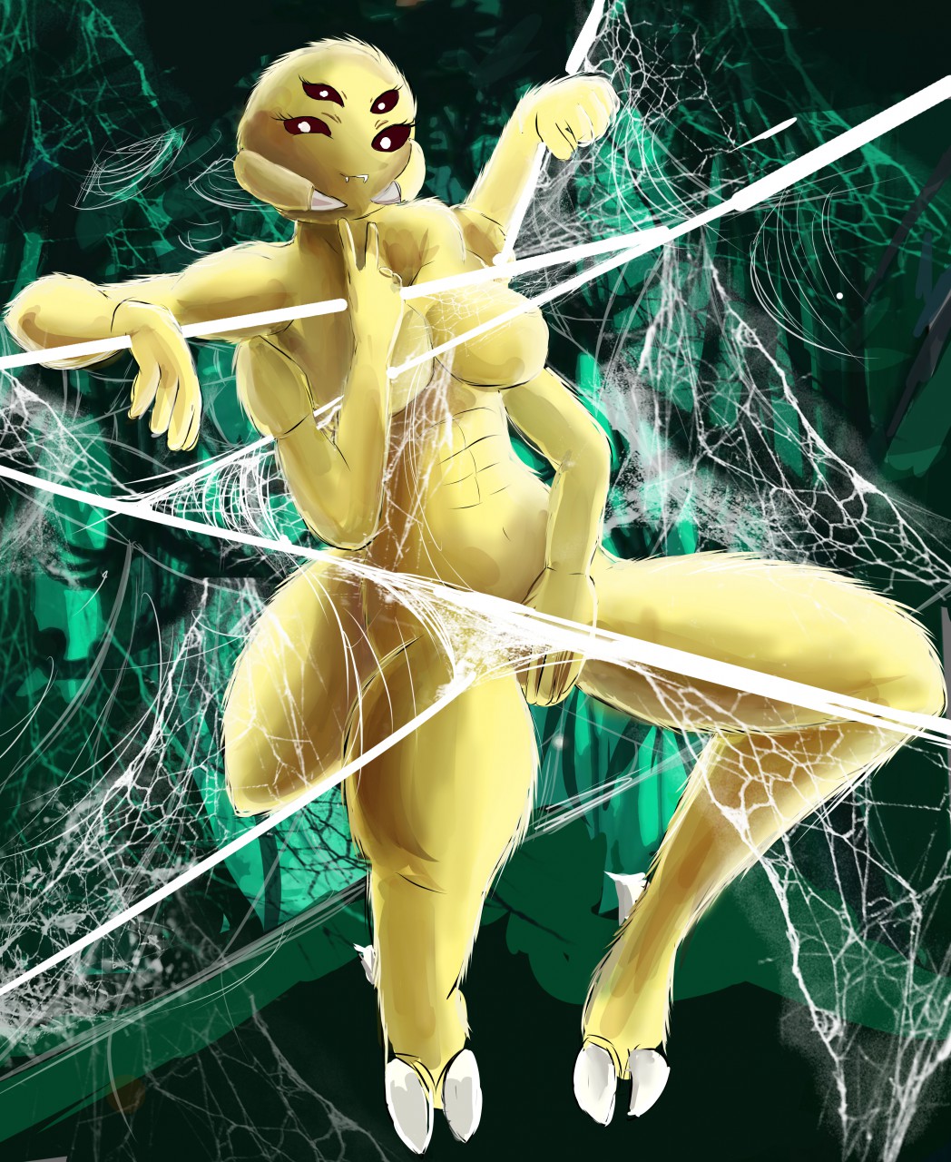 2020 4_arms 4_eyes 5_fingers abs anthro arachnid arm_on_object arthropod arthropod_abdomen breasts cave chelicerae claws cleavage clothed clothing digital_drawing_(artwork) digital_media_(artwork) eyelashes fangs female fingers fur gesture green_background hand_over_crotch hi_res looking_at_viewer multi_arm multi_eye multi_limb muscular muscular_anthro muscular_female mythrava nude pupils red_eyes simple_background smile smiling_at_viewer solo spider spider_web teeth thick_thighs toe_claws v_sign white_pupils yellow_body yellow_fur