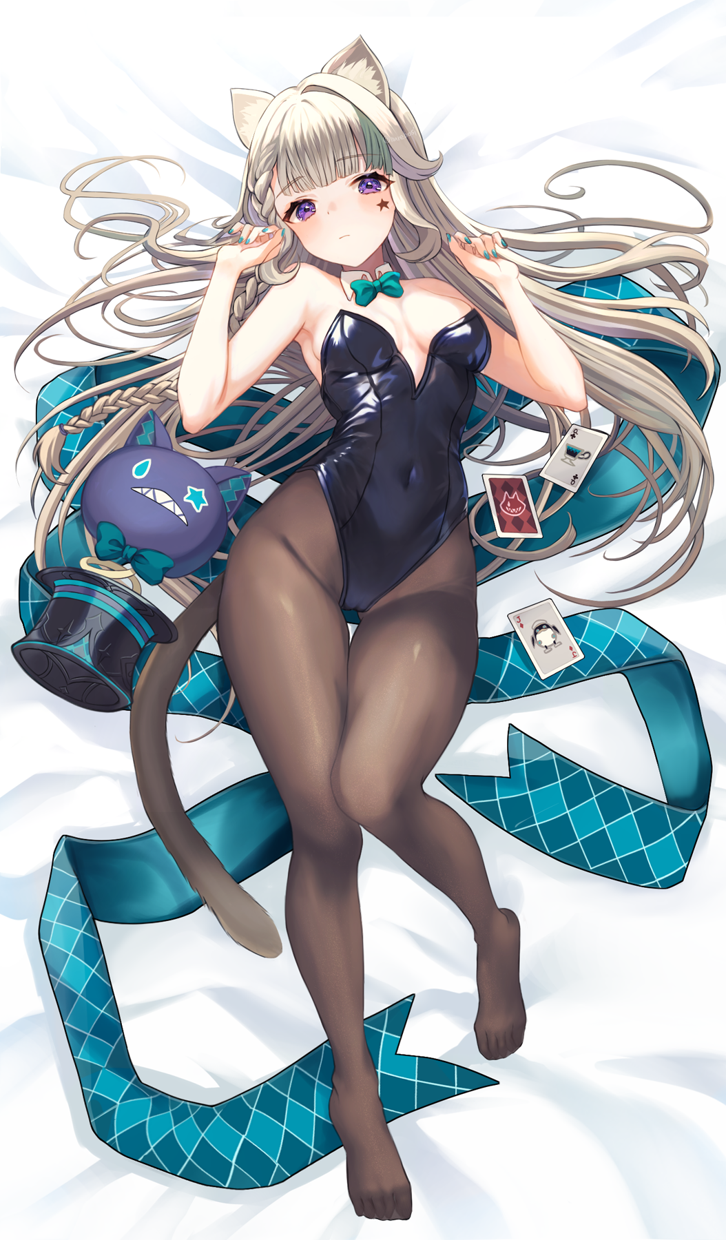 1girl alternate_costume animal_ear_fluff animal_ears black_leotard black_pantyhose bow cat_ears cat_girl cat_tail closed_mouth facial_mark feet full_body genshin_impact hat highres kittysuit knees_together_feet_apart legs leotard long_hair lynette_(genshin_impact) marekamico no_shoes nontraditional_playboy_bunny pantyhose purple_eyes solo star_(symbol) star_facial_mark strapless strapless_leotard tail toes