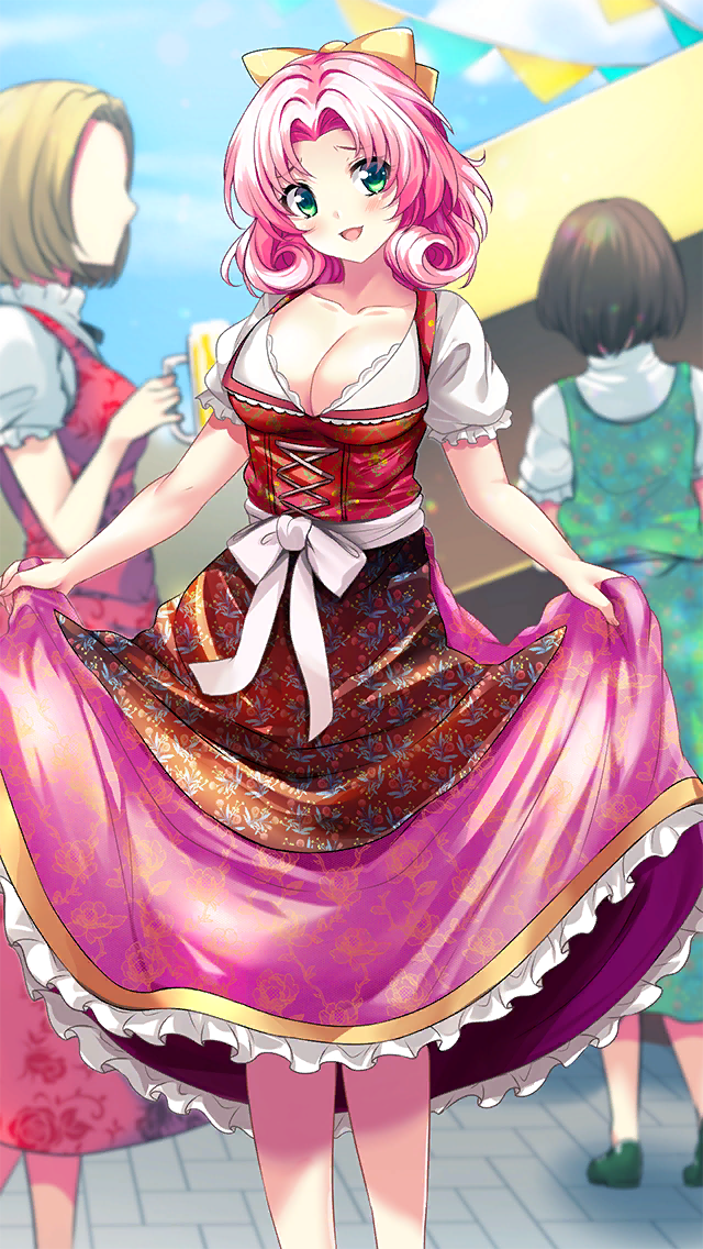 1girl :d apron blush bow breasts cleavage day doukyuusei_another_world floral_print frilled_skirt frills game_cg green_eyes hair_bow hair_intakes head_tilt kakyuusei large_breasts long_hair long_skirt minagawa_nana open_mouth outdoors pink_hair pink_skirt print_apron print_skirt red_apron shirt short_sleeves skirt skirt_hold smile solo_focus standing white_bow white_shirt yellow_bow