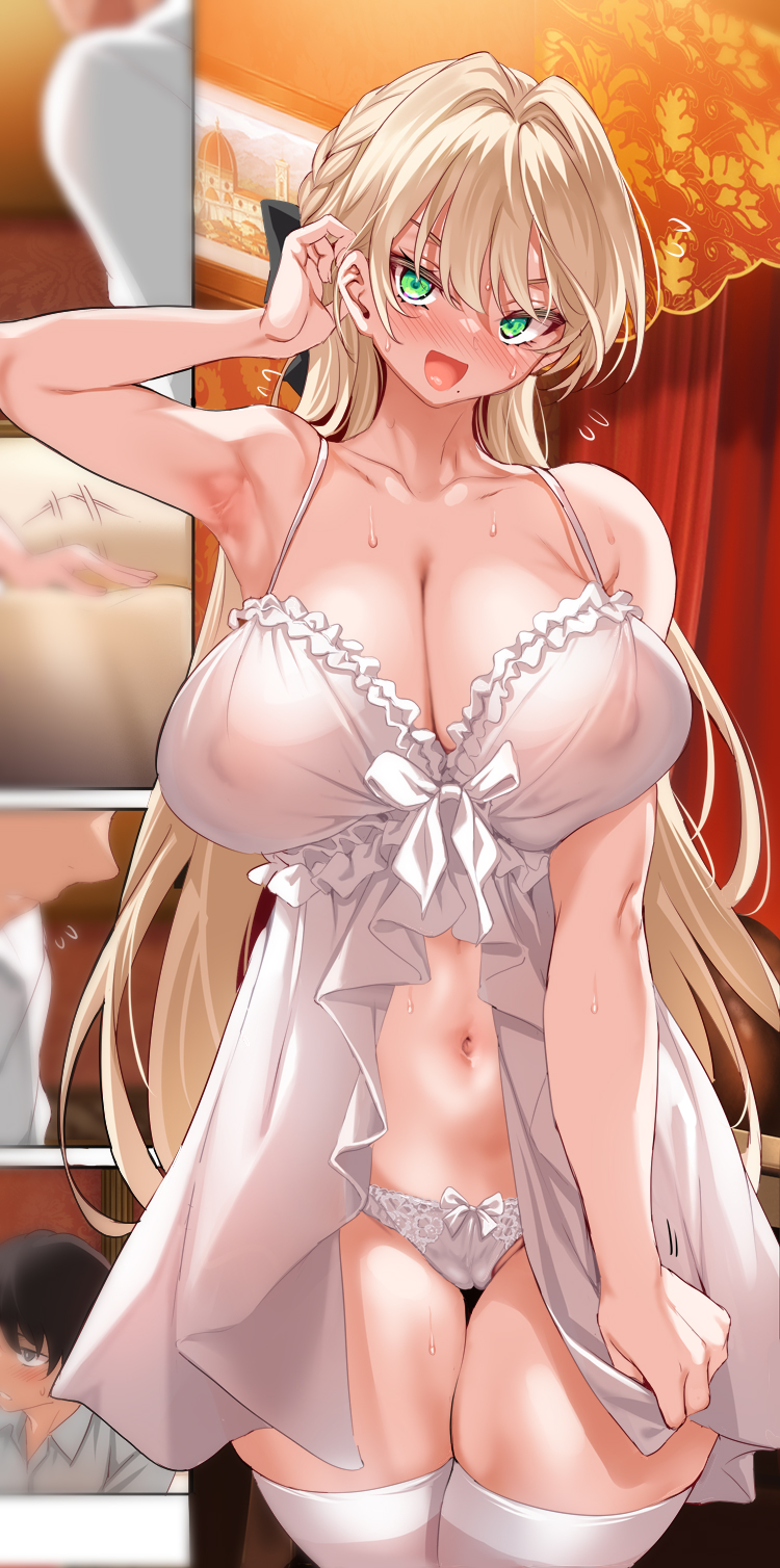 1boy 1girl babydoll bare_shoulders blonde_hair blush bow braid breasts cle_masahiro cleavage collarbone covered_nipples green_eyes hair_bow highres large_breasts long_hair looking_at_viewer navel open_mouth original panties smile thighhighs thighs underwear white_panties white_thighhighs