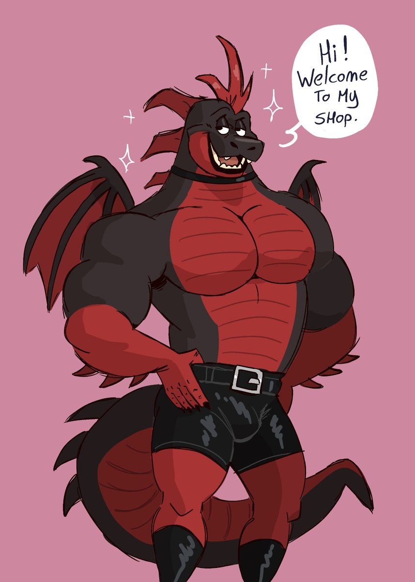 anthro black_body black_scales bulge clothed clothing collar dragon english_text hands_on_hips hi_res male membrane_(anatomy) membranous_wings muscular partially_clothed pink_background red_body red_scales ruffus_gallery scales simple_background solo sparkles spikes spikes_(anatomy) text topless wings word360