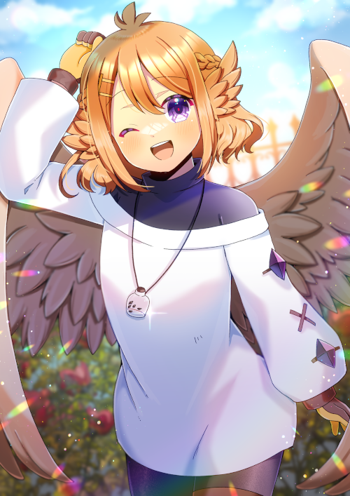 1girl ;d arm_up black_shirt blue_sky blurry blurry_background blush bottle brown_gloves brown_wings cloud cloudy_sky commentary_request commission day depth_of_field feathered_wings fence flower gloves hair_between_eyes head_wings kou_hiyoyo long_sleeves off-shoulder_shirt off_shoulder one_eye_closed orange_hair orange_wings original outdoors puffy_long_sleeves puffy_sleeves purple_eyes red_flower shirt skeb_commission sky smile solo teeth upper_teeth_only white_shirt wings yellow_gloves