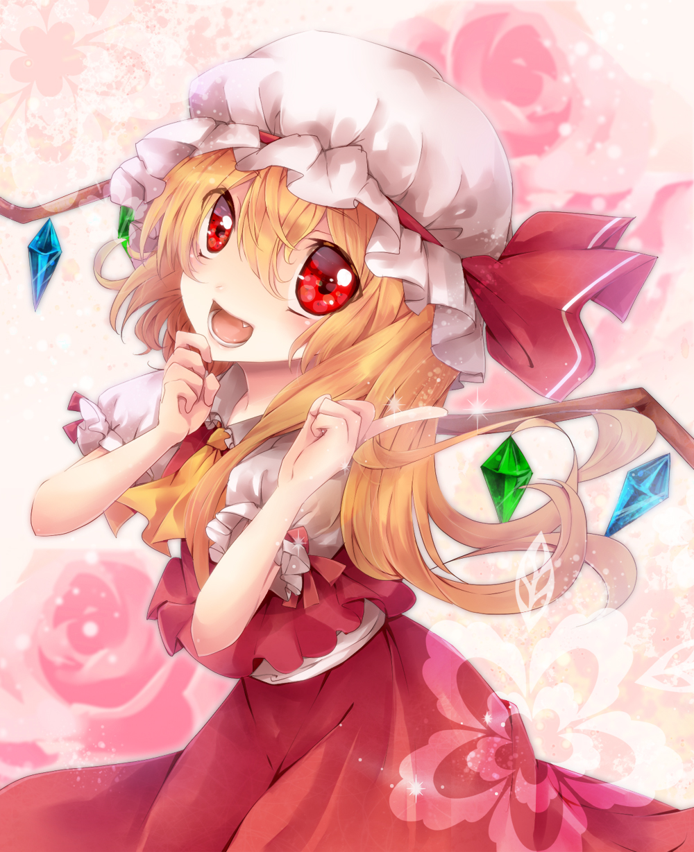:d ascot blonde_hair fang flandre_scarlet hand_to_own_mouth hat hat_ribbon highres open_mouth red_eyes ribbon sakura_ran side_ponytail skirt skirt_set smile solo sparkle touhou wings