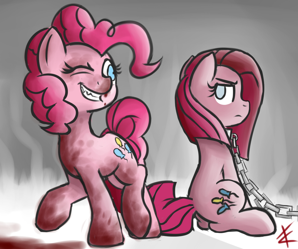 blood blue_eyes chain collar cradeelcin cutie_mark duo equine female feral friendship_is_magic hair horse looking_back mammal my_little_pony one_eye_closed pink_hair pinkamena_(mlp) pinkie_pie_(mlp) pony smile square_crossover wink