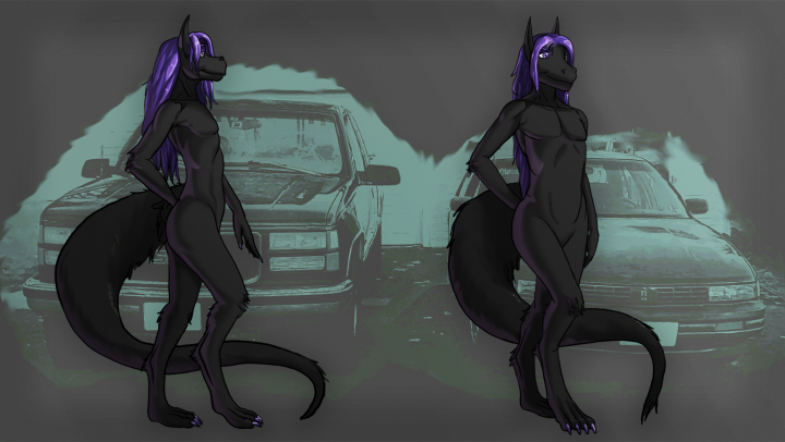 animal_humanoid anthro black_body digitigrade dragon dragon_humanoid drqube front_view furry_body hair humanoid long_hair long_tail male purple_eyes purple_hair side_view solo_focus tail