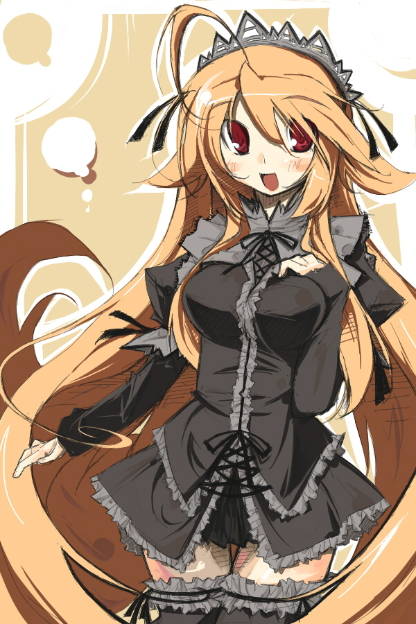 bad_id bad_pixiv_id blush breasts endou_chihiro long_hair looking_at_viewer maid medium_breasts open_mouth original red_eyes smile solo thighhighs very_long_hair