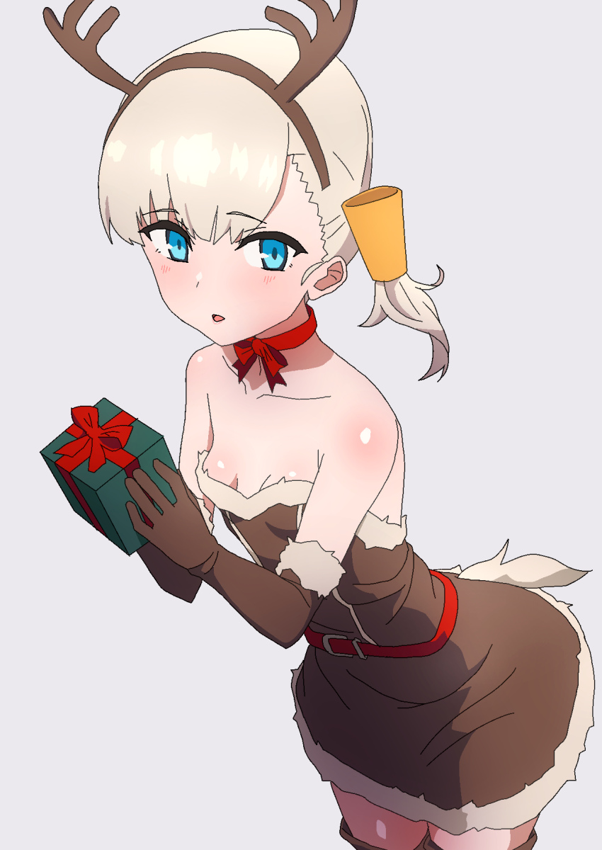 alternate_costume antlers blonde_hair blue_eyes blunt_bangs box breasts brown_dress brown_gloves choker comala_(komma_la) dress fake_antlers fur-trimmed_dress fur-trimmed_gloves fur_trim gift gift_box gloves grey_background hair_ornament highres kantai_collection long_hair red_choker red_ribbon reindeer_antlers ribbon shin'you_(kancolle) simple_background small_breasts