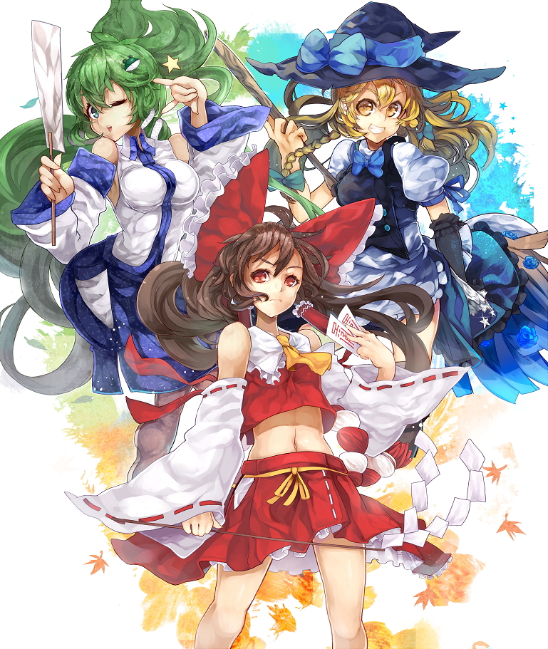 ascot bare_shoulders battle blonde_hair blush bow bowtie braid breasts brown_hair danmaku detached_sleeves frog_hair_ornament gohei green_eyes green_hair grin hair_bow hair_ornament hair_tubes hakurei_reimu hat himuro_(dobu_no_hotori) kirisame_marisa kochiya_sanae long_hair looking_at_viewer looking_back medium_breasts multiple_girls ofuda one_eye_closed open_mouth red_eyes ribbon skirt smile snake_hair_ornament star touhou witch_hat yellow_eyes