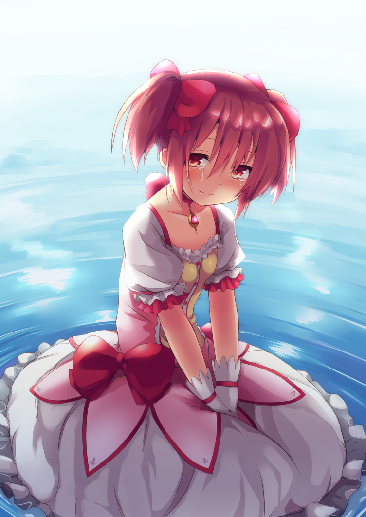 blush bow bubble_skirt choker collarbone crying dress gem gloves hair_bow kaname_madoka looking_at_viewer magical_girl mahou_shoujo_madoka_magica mokoke pink_eyes pink_hair red_eyes short_twintails sitting skirt smile solo tears twintails v_arms water