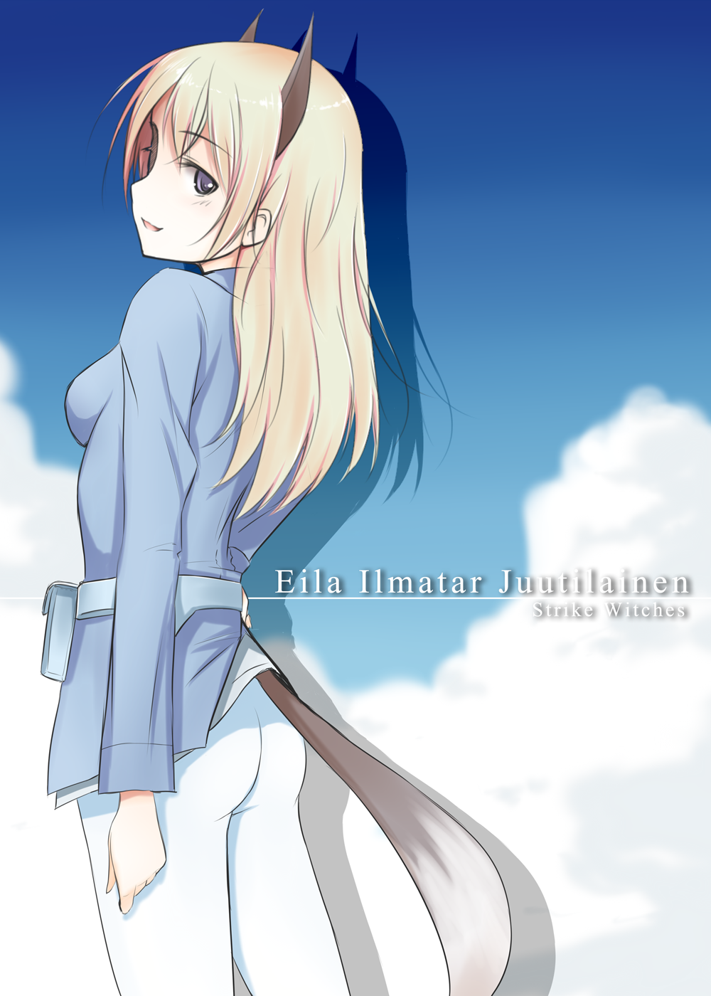 akizuki_rito animal_ears ass blonde_hair character_name cloud copyright_name eila_ilmatar_juutilainen highres long_hair long_sleeves military military_uniform pantyhose purple_eyes sky solo strike_witches tail uniform world_witches_series