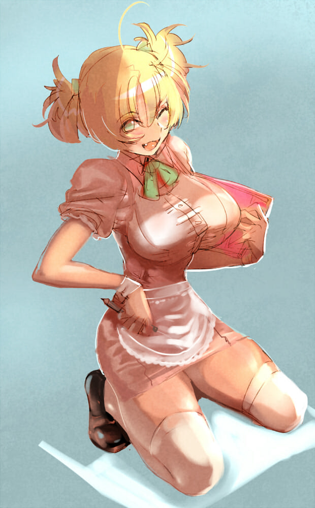 blonde_hair blue_background bow_(bhp) breasts green_eyes kneeling large_breasts one_eye_closed original short_hair solo waitress