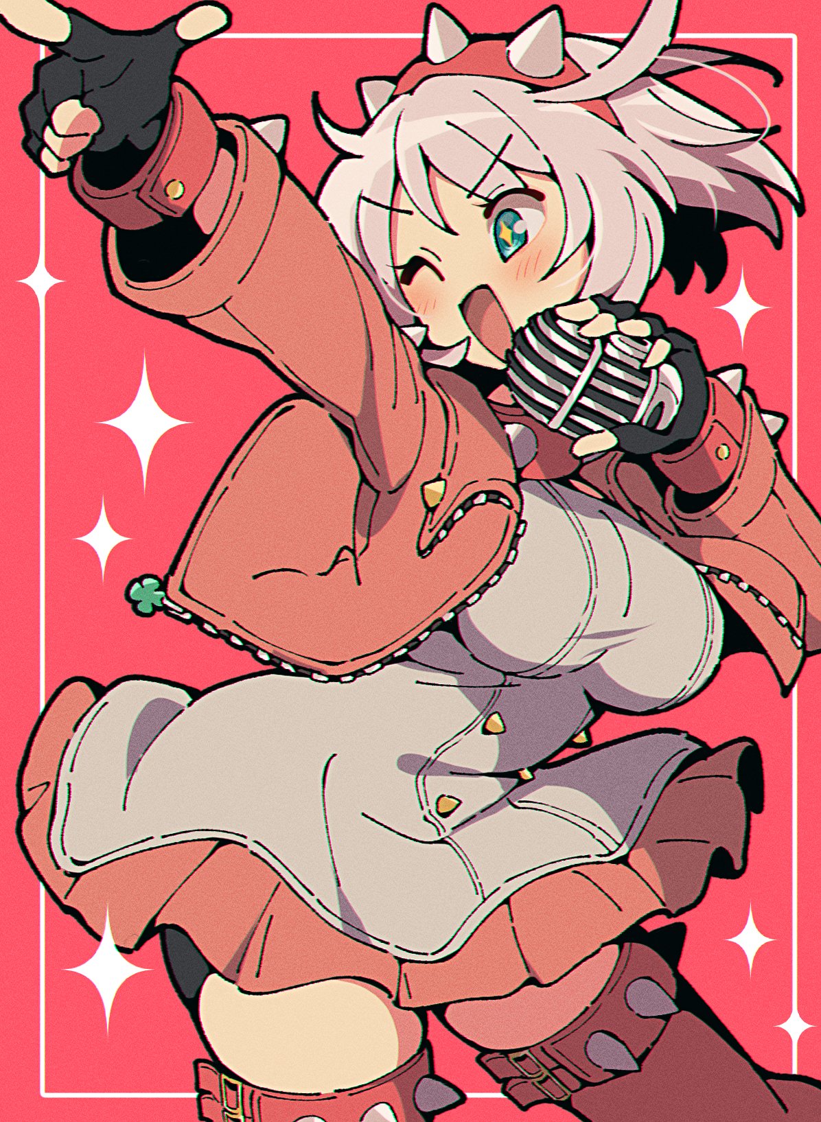 1girl ahoge blue_eyes blush breasts choker commentary dress elphelt_valentine fingerless_gloves gloves guilty_gear guilty_gear_strive highres holding holding_microphone itsuka_neru jacket large_breasts long_sleeves microphone no_nose one_eye_closed open_clothes open_jacket open_mouth outline pink_background pointing red_jacket short_dress short_hair solo spiked_choker spiked_headband spiked_jacket spiked_legwear spikes standing star-shaped_pupils star_(symbol) symbol-shaped_pupils thigh_strap white_dress white_hair