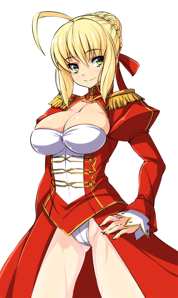 ahoge blonde_hair braid breasts cleavage dress epaulettes fate/extra fate_(series) fingernails green_eyes hair_ribbon hand_on_hip juliet_sleeves large_breasts long_fingernails long_sleeves nekomamire nero_claudius_(fate) nero_claudius_(fate)_(all) panties puffy_sleeves red_dress ribbon shiny shiny_skin short_hair simple_background skindentation smile solo underwear white_background white_panties