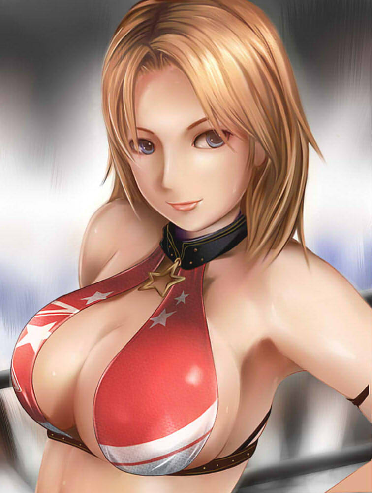 alternate_costume bare_shoulders blonde_hair breasts cleavage dead_or_alive halter_top halterneck large_breasts lips nannacy7 short_hair sideboob solo tina_armstrong