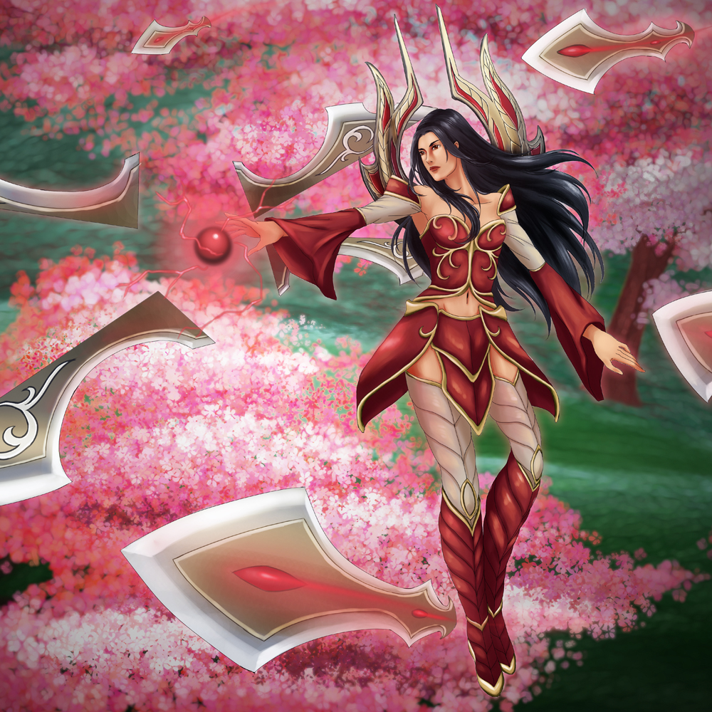adapted_costume armor bad_id bad_pixiv_id black_hair blade breasts cherry_blossoms detached_sleeves energy_ball irelia league_of_legends leg_armor long_hair navel quiet1010 red_eyes solo tree weapon