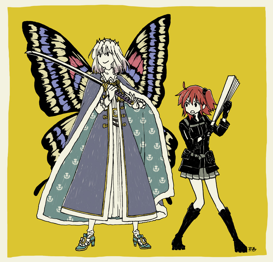 1boy 1girl amanogwazen black_eyes butterfly_wings commentary_request fate/grand_order fate_(series) fujimaru_ritsuka_(female) fujimaru_ritsuka_(female)_(polar_chaldea_uniform) holding holding_sword holding_weapon insect_wings katana o_o oberon_(fate) orange_hair short_hair smile sword weapon white_hair wings yellow_background