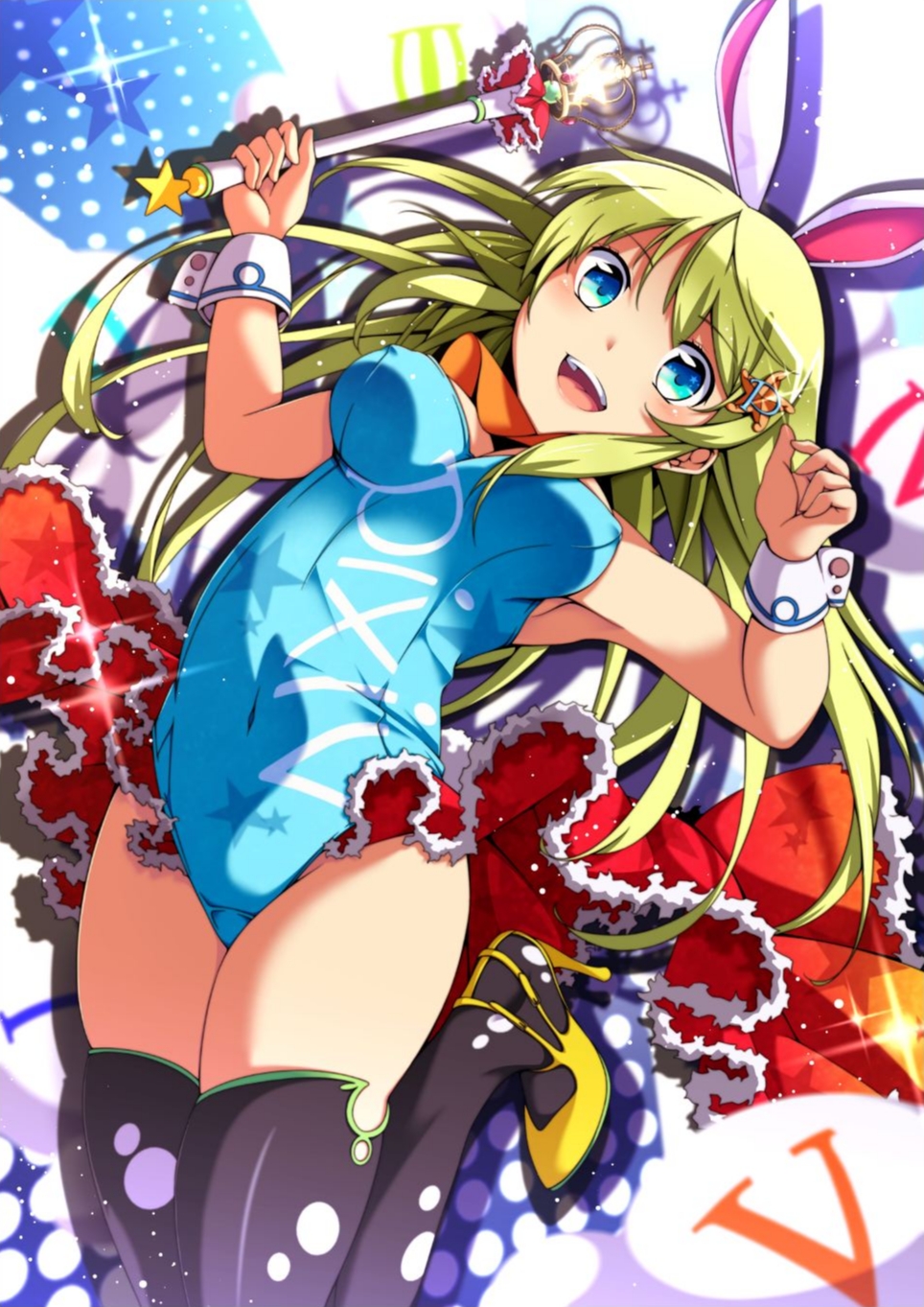 :d animal_ears bad_id bad_pixiv_id black_legwear blonde_hair blue_eyes breasts bunny_ears bunnysuit dutch_angle high_heels highres holding jumping legs_up leotard long_hair medium_breasts open_mouth pixiv pixiv-tan shoes skirt smile solo sparkle star thighhighs wand wrist_cuffs yuihara
