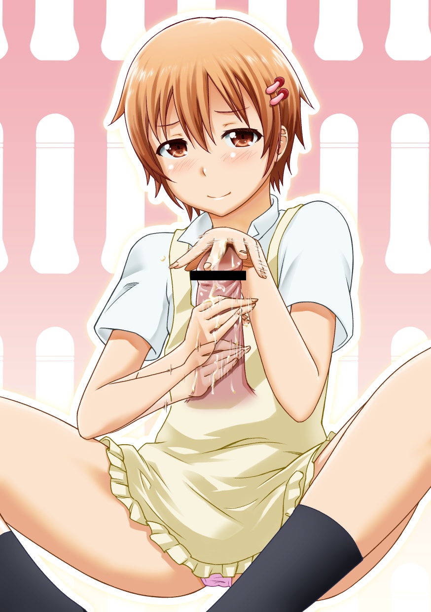 1girl apron bad_id bad_pixiv_id blush brown_eyes brown_hair hair_ornament hairclip handjob hetero highres inami_mahiru long_legs mushroom no_pants panties penis short_hair sitting smile solo_focus suzushiro_nazuna underwear waitress working!!