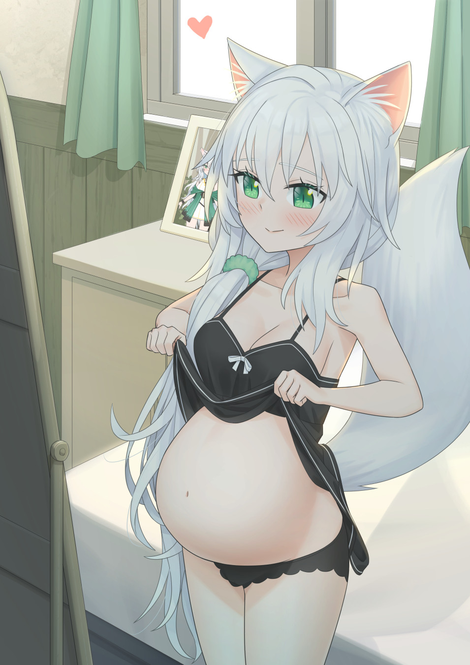 1girl animal_ears babydoll babydoll_lift bedroom black_babydoll black_panties breasts cat_ears cat_girl cleavage closed_mouth clothes_lift commentary_request cowboy_shot day green_eyes highres indoors lingerie long_hair mao_lian_(nekokao) medium_breasts navel original panties photo_(object) pregnant side_ponytail smile solo stomach tail underwear very_long_hair white_hair