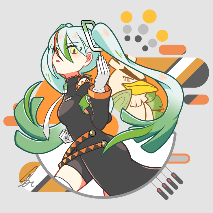 1girl black_jacket black_shorts blue_hair breasts crossover fighting_miku_(project_voltage) gloves gradient_hair green_eyes green_hair grey_background hair_between_eyes hand_up hatsune_miku jacket multicolored_hair necktie orange_hair parted_lips pokemon project_voltage saihate_(d3) short_shorts shorts signature sirfetch'd small_breasts smile solo streaked_hair twintails vocaloid white_gloves white_necktie