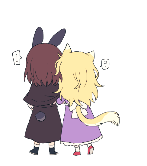 ... 2girls ? animal_ears black_footwear blonde_hair brown_hair cat_ears cat_tail from_behind locked_arms long_hair long_sleeves maribel_hearn medium_hair multiple_girls rabbit_ears rabbit_tail re_ghotion red_footwear shoes simple_background tail touhou usami_renko white_background yuri