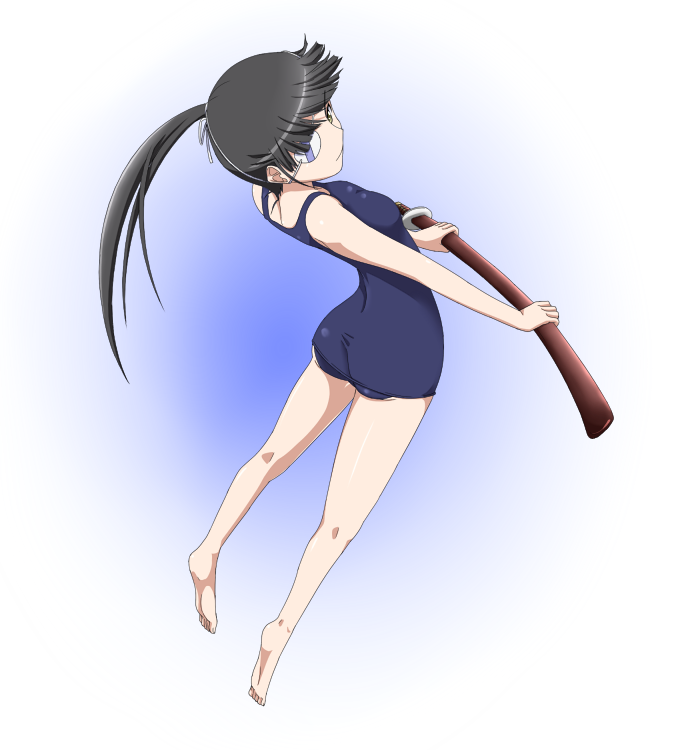 arched_back ass barefoot black_hair eyepatch katana long_hair one-piece_swimsuit ponytail ribonzu sakamoto_mio school_swimsuit sheath sheathed solo strike_witches swimsuit sword weapon world_witches_series yellow_eyes