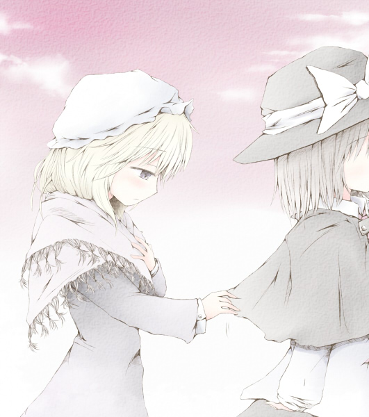 blonde_hair bow brown_hair capelet dress hand_on_own_chest hat hat_bow long_sleeves maribel_hearn multiple_girls romi scarf short_hair touhou usami_renko