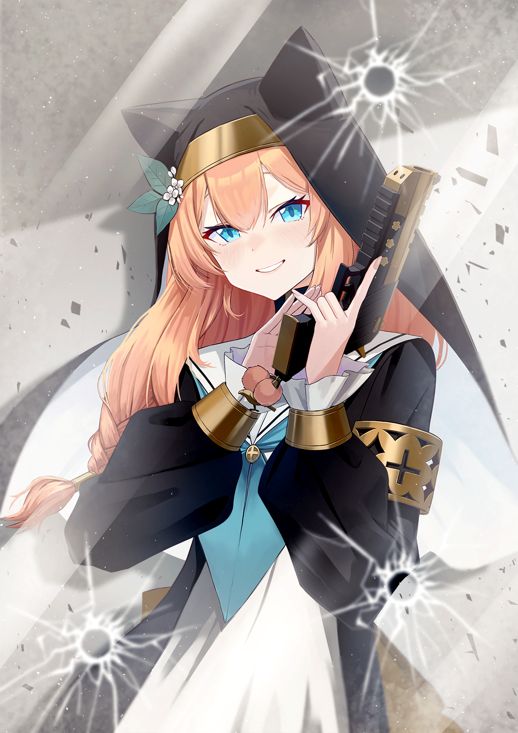 1girl animal_ear_headwear black_headwear blue_archive blue_eyes blue_neckerchief blush braid broken_glass coif fingernails flower glass grin gun habit hat hat_flower highres holding holding_gun holding_weapon long_hair long_sleeves looking_at_viewer mari_(blue_archive) neckerchief neko61 nun orange_hair puffy_long_sleeves puffy_sleeves smile solo weapon white_flower