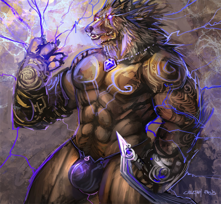 anthro armor beast biceps body_markings bulge canine cheetahpaws claws clothed clothing fangs fantasy fur gem gloves glowing glowing_eyes hair half-dressed jaws lighting lightning loincloth magic male mammal markings muscles necklace pecs pendant pose solo topless tribal underwear warrior weapon were werewolf wolf