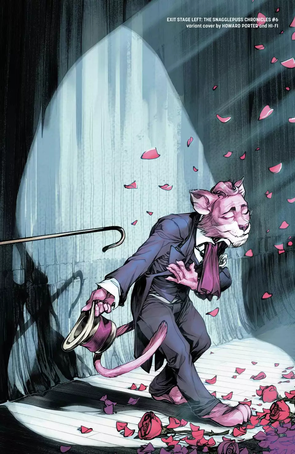 2018 anthro bowing clothing cover cover_art cover_page dc_comics digital_media_(artwork) exit_stage_left:_the_snagglepuss_chronicles eyes_closed felid flower fur hanna-barbera hat headgear headwear hi-fi_(artist) hi_res howard_porter male mammal necktie official_art on_stage pantherine pink_body pink_fur plant rose_(flower) shepherd's_crook smile snagglepuss solo spotlight stage stage_curtains suit