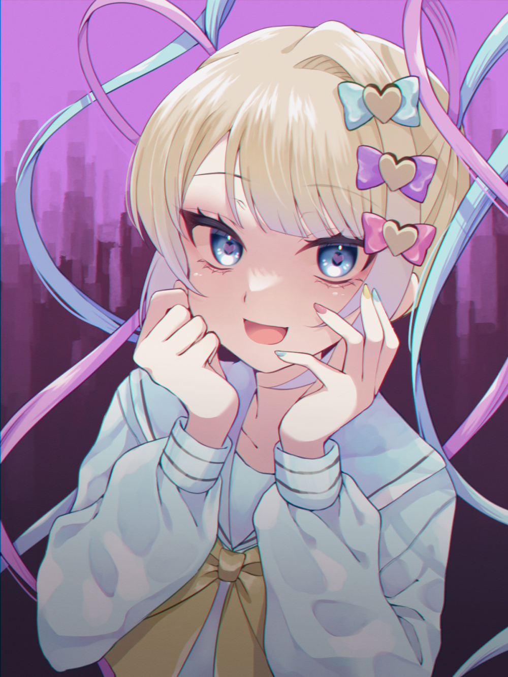 1girl :d blonde_hair blue_bow blue_eyes blue_hair blue_nails blue_shirt bow chouzetsusaikawa_tenshi-chan hair_bow hands_on_own_face hands_up heart heart_in_eye highres long_hair long_sleeves looking_at_viewer multicolored_hair multicolored_nails multiple_hair_bows nail_polish needy_girl_overdose open_mouth pink_background pink_bow pink_hair pink_nails purple_bow quad_tails sailor_collar sakuma_(yr_0920) shirt smile solo symbol_in_eye upper_body yellow_bow yellow_nails