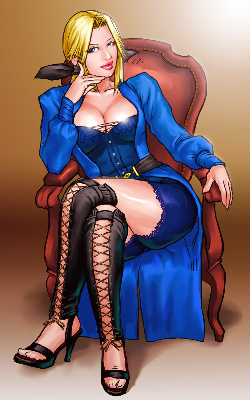 blonde_hair blue_eyes boots bow breasts chin_rest cleavage cross-laced_footwear crossed_legs dead_or_alive hair_bow helena_douglas high_heels highres knee_boots lace-up_boots large_breasts lips long_hair nose revision shoes shorts shorts_under_skirt sitting solo take_(draghignazzo)